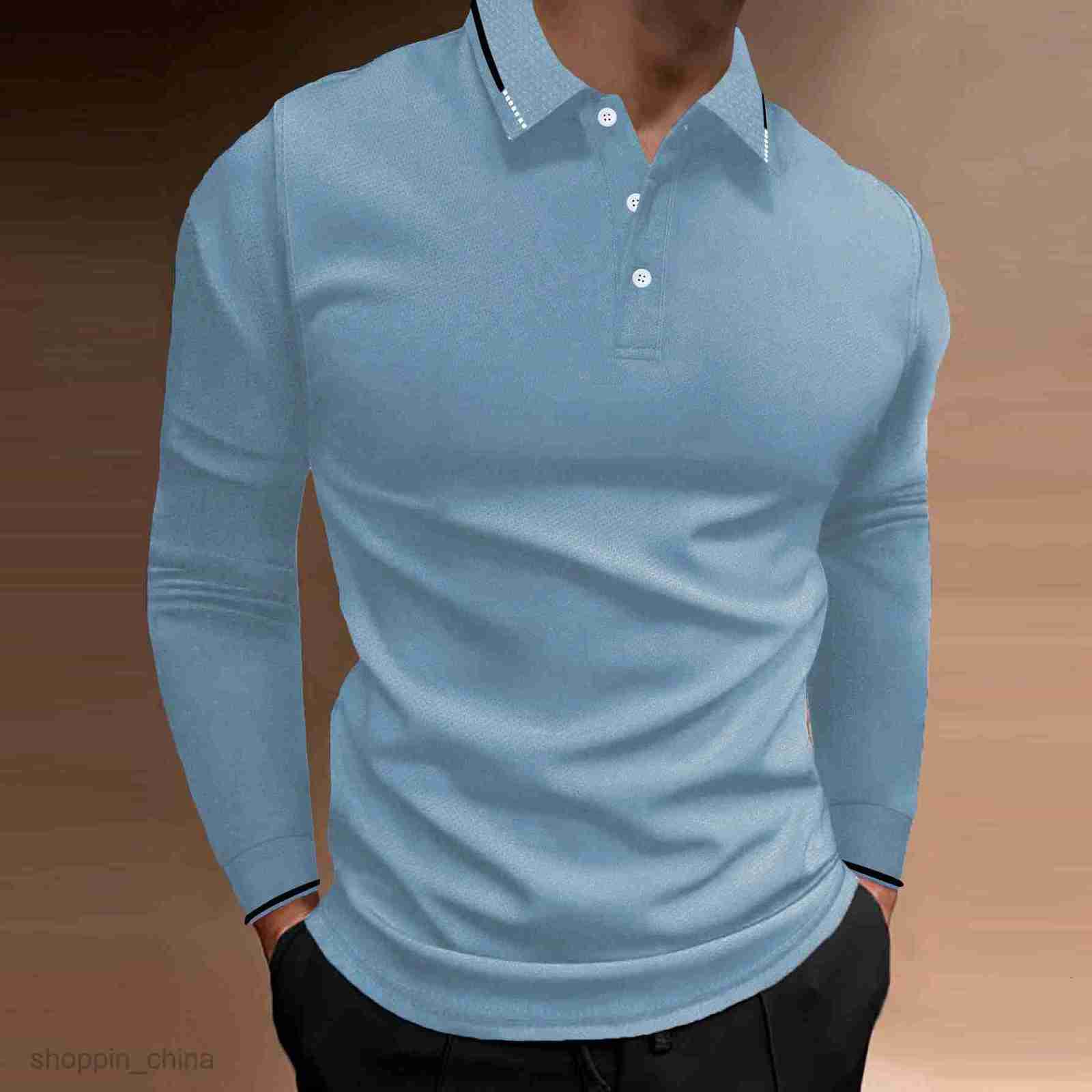 Men's Polos Shirts Male autumn sports fitness leisure collar vertical stripe long sleeved POLO tops