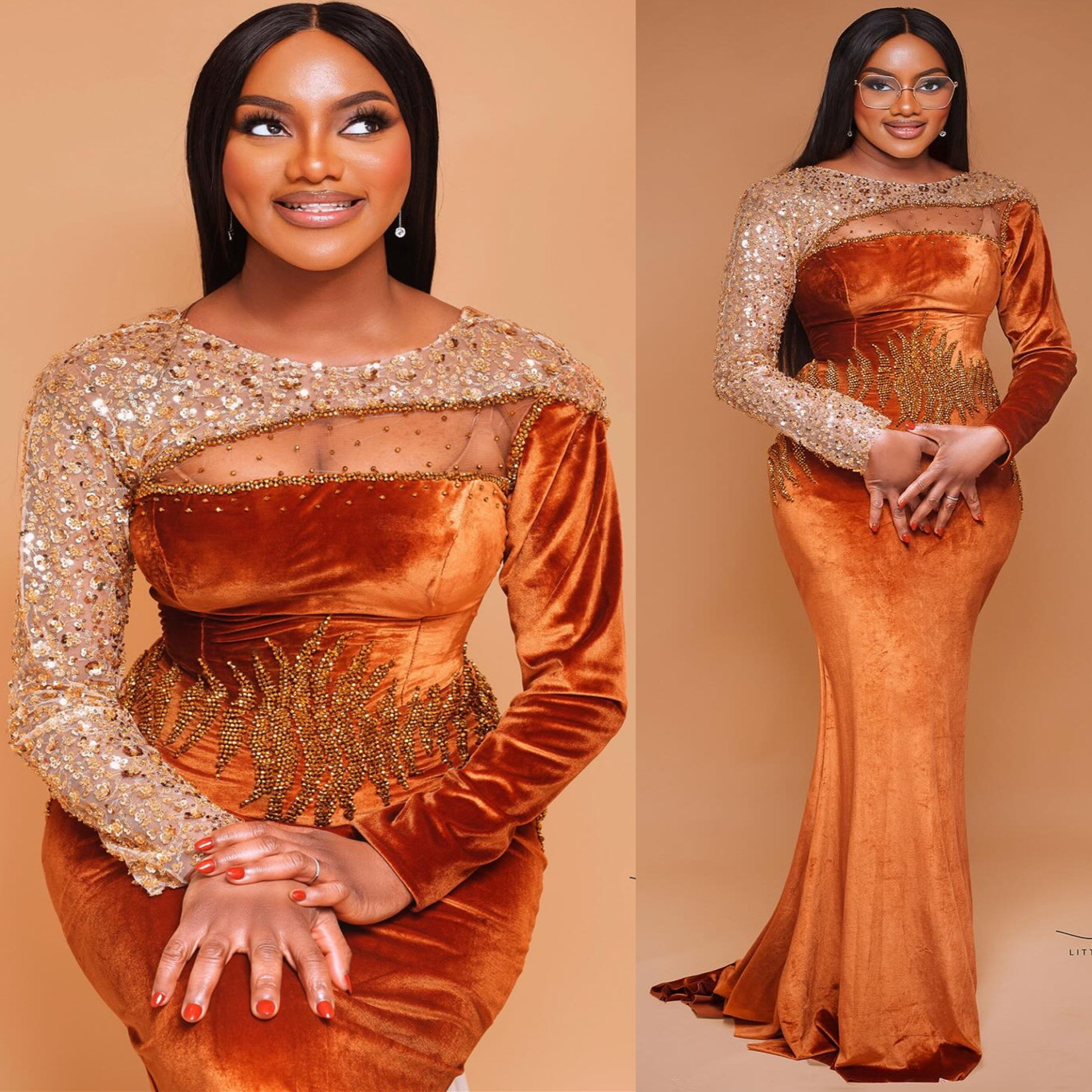 2024 Plus Size Orange Mermaid Prom Dresses For Special Occasion Beaded Velvet Evening Formal Party Second Reception Birthday Engagement Gowns Dress ZJ