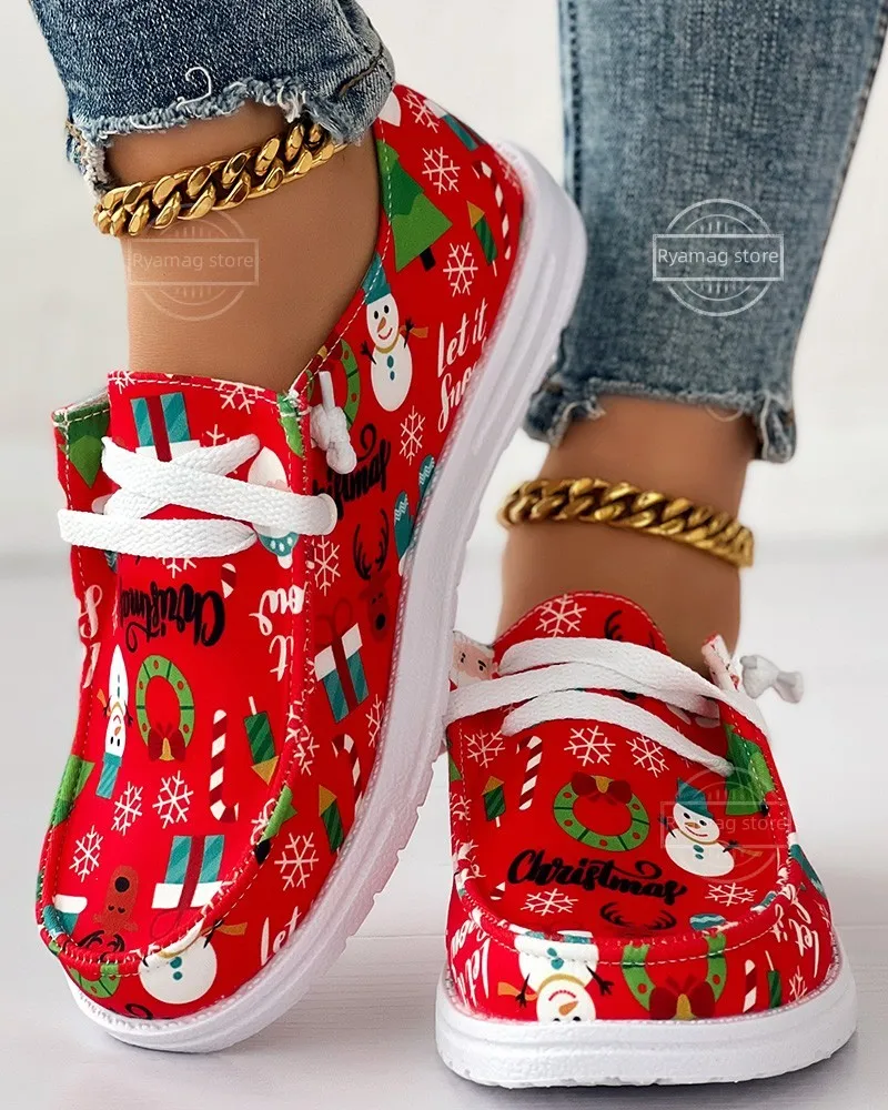 Snowman Elk Women's Christmas Lace-up Canvas Loafers Flat Vulcanized Casual Sneakers Shoes 4