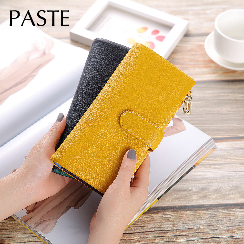 Cartera larga de cuero de vaca para mujer, cartera larga con cremallera, tarjetero, estilo japonés, color amarillo y verde