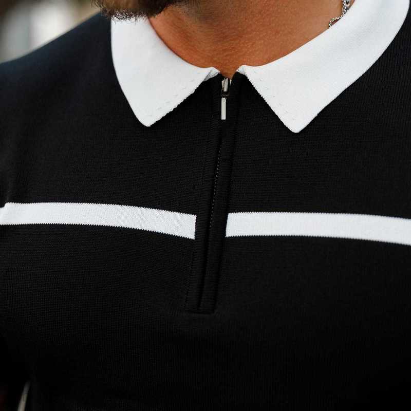 Men's Polos Shirts size new Male slim fit color blocking stand up collar casual vertical stripe short sleeved youth men top tops