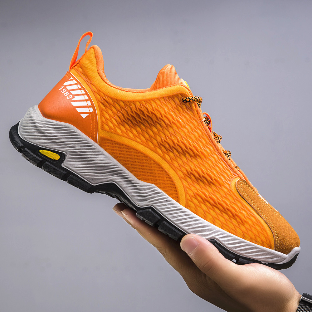 Men Sports Shoes Plus Size 39-47 Breathable Athletic Fashion Round Toe Shoes Men's Lace-up Sneakers Orange Free shipping