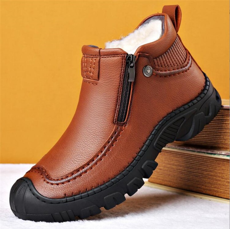 Winter Men Boots Thick Plush Warm Snow Boots Leather Zipper Men's Ankle Boots Platform Non-slip Waterproof Mens Hiking Shoes