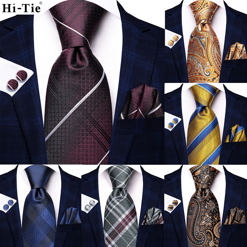 Hi-Tie Dark Red Striped 8.5 cm Tie Men Gravatas Classic 2023 Newest Design Silk Necktie Shirt Accessorie Mans Office Set Hanky