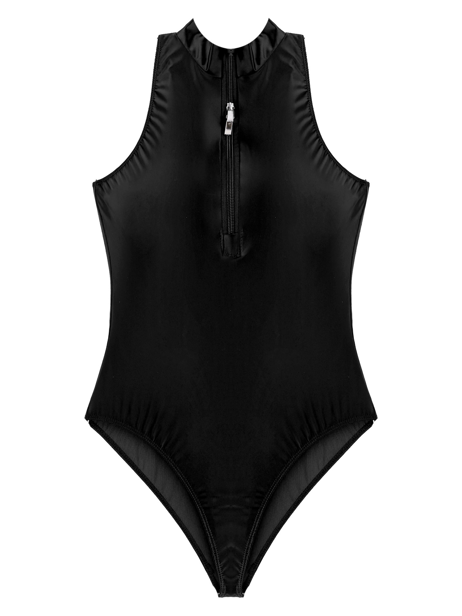 Satin Swimwear Women Sexy Swimsuit Double Zipper Front Swimming One Piece Bodysuit Shiny Silky Smooth High Cut Bathing Suits