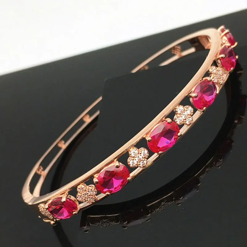 Designer creativity 585 Purple Gold Luxury Ruby flower Bracelet for Women Plated 14K Rose Gold Wedding Bangles Banquet Jewelry