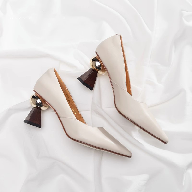 Gold Pointed Toe Strange Style Pumps for Women - Leather High Heels Spring