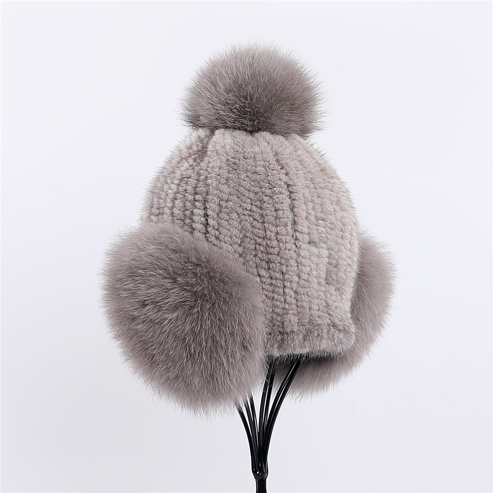 Women's Winter Warm 100% Genuine Mink Knitted Beanie Hat Bomber Caps Fox Fur Ear Warmer Cover Hats Pom Elastic