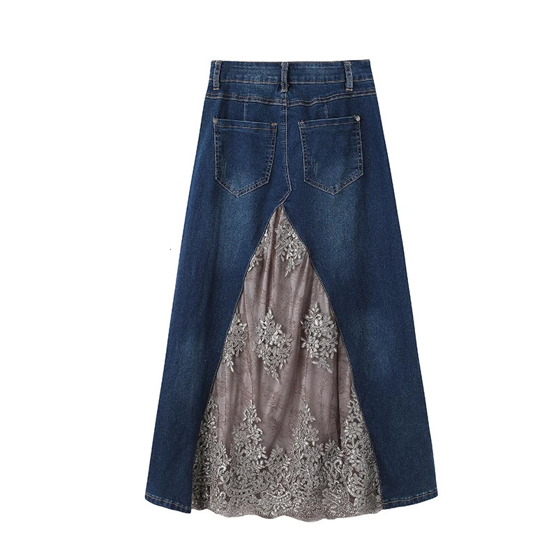 TIYIHAILEY Fashion Long Maxi Denim And Lace Patchwork Jeans Skirt Women Plus Size S-2Xl Summer Beaded Skirts 24