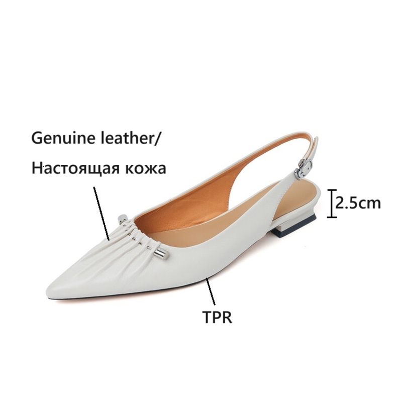 NEW Summer Genuine Leather For Women Pointed Low Heel Shoes Elegant Cover Toe Slingback Pleated Sandals 68