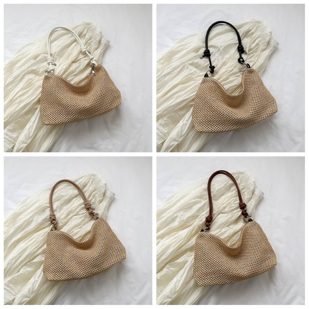 Large Capacity Straw Woven Crossbody Bag Adjustable Shoulder Strap Zipper Woven Handbag Handmade Bohemian Style