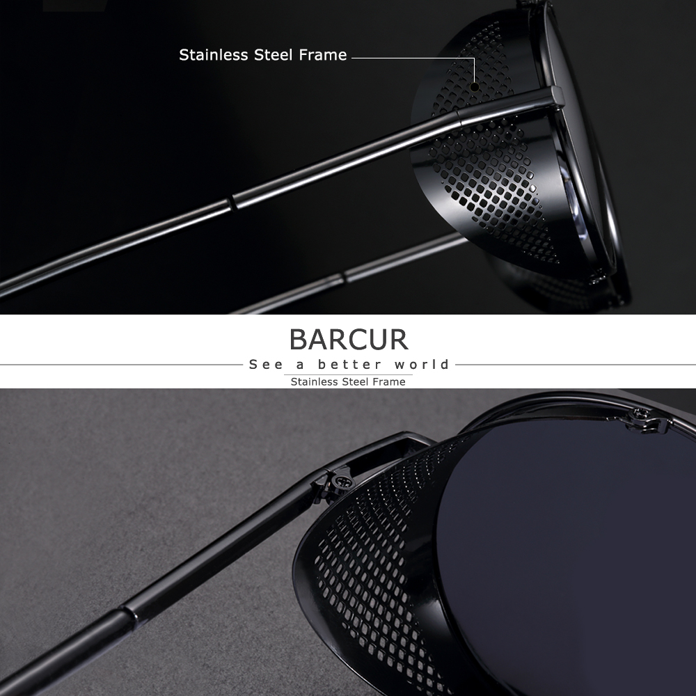 BARCUR Vintage Retro Round Polarized Steampunk Sunglasses Men Sun Glasses For Women Style UV400 Protection