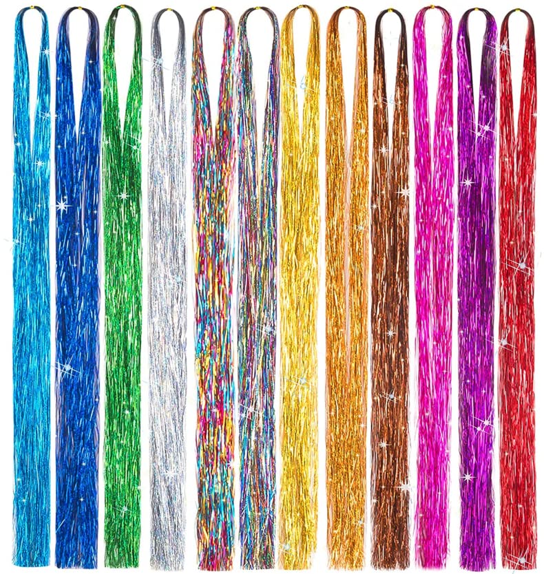 with VeSunny Kit Tinsel Tools 12 Colors Fariy Hair Tinsel Heat Resistant Sparkling Tinsel Hair suitable for any event or party smile