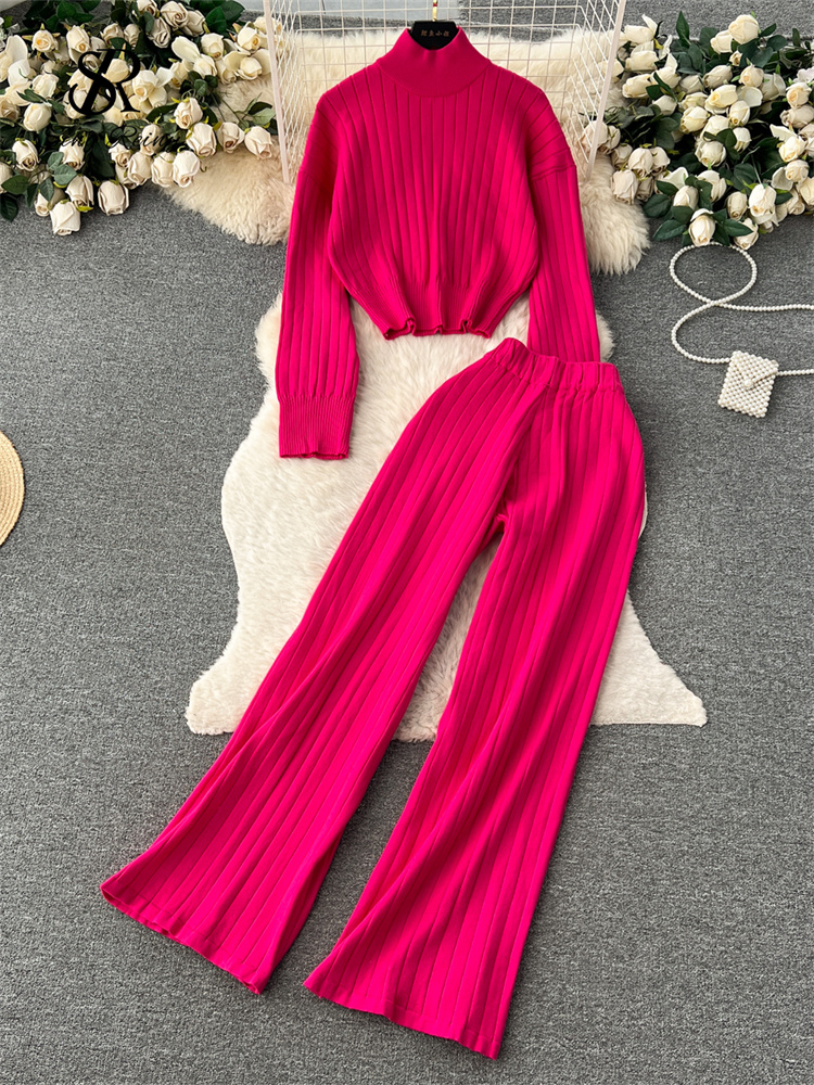 SINGREINY Winter Knit Two Pieces Suits Half High Collar Full Sleeve Pullover+Wide Legs Long Pants Women 2023 Senior Striped Sets a92b8
