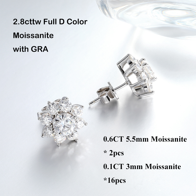 EWYA Suower Full D Color Moissanite Dia Stud Earrings with GRA for Women Party Fine Jewelry S Sterling Sier Earring a5a96