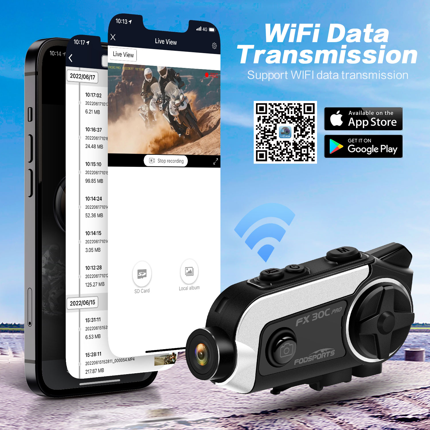 Fodsports FX30C Pro Motorcycle Intercom with Camera DVR Bluetooth Helmet Headset 2 Rider Music Share Video Record Moto Headphone