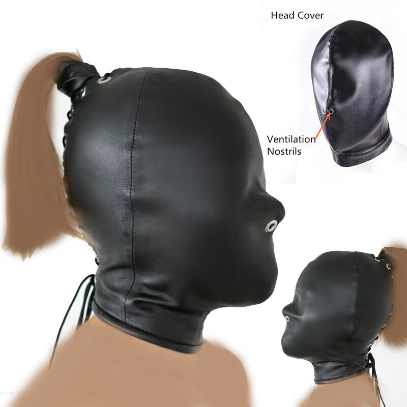 PU Leather BDSM Black PU Leather Hood Mask Full Head Face Cover Costume Restraint for Role Play Cosplay Adult Toys Sexy Toys