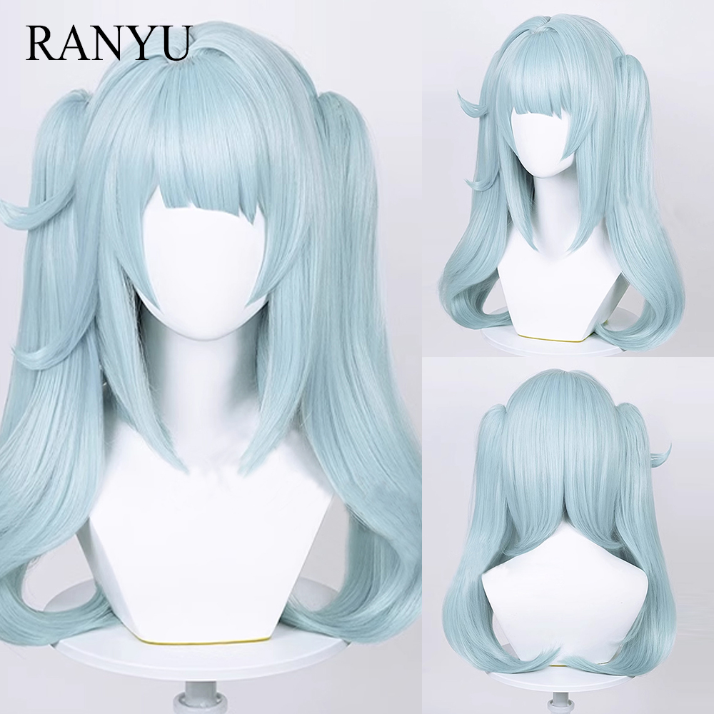 RANYU Genshin Impact Faruzan Wigs Synthetic Long Straight Light Blue Double Ponytails Game Cosplay Hair Wig for Daily Party 71193