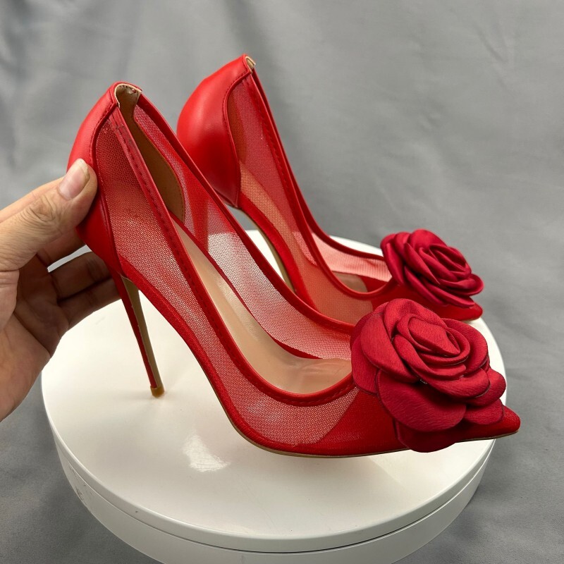 Red Flowers Lace Female Shoes 10Cm Pointy Toe Stiletto High Heel Ladies Dress Women Pumps Plus Size 33-45 68