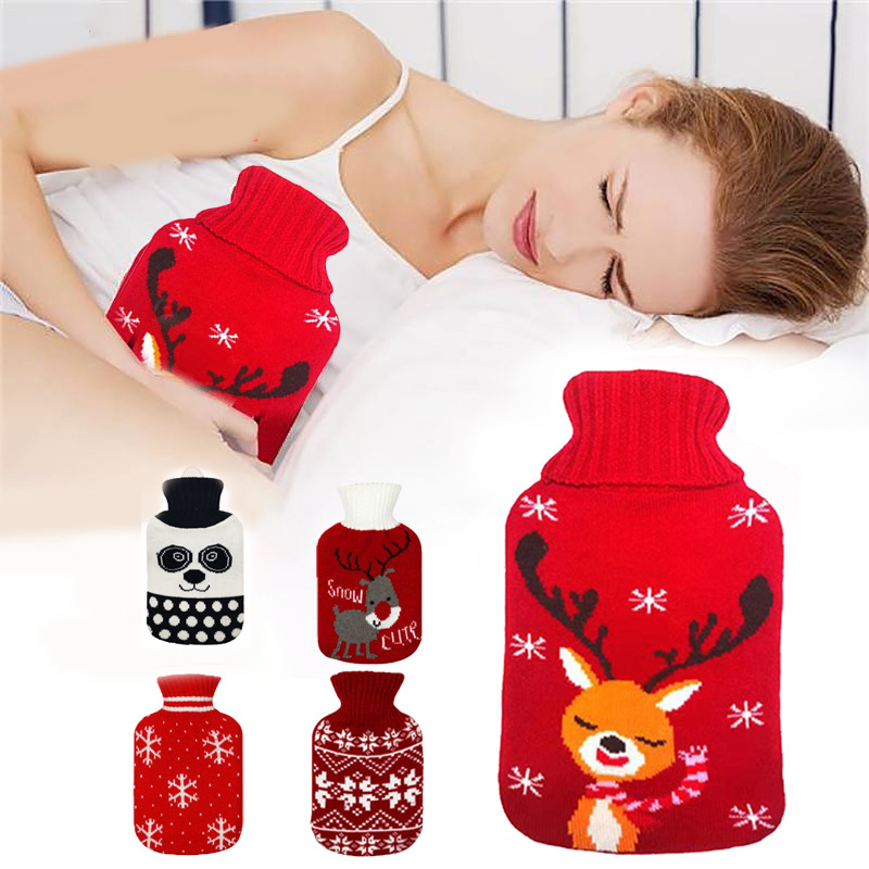 1set Heat Cold Therapy Christmas Warm Water Bottle Knitted Warm Cover Rubber Bag Hot Water Bottle Hand Warmer 1000ml Winter Warm