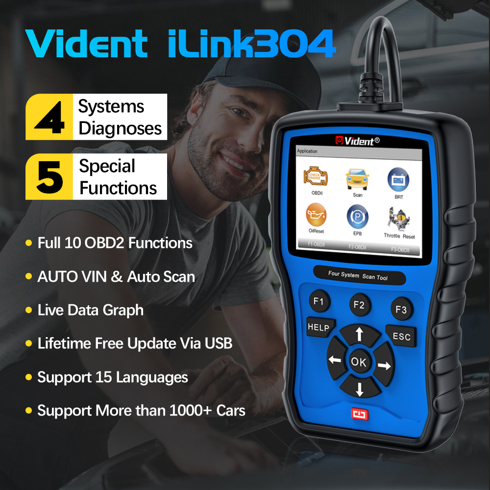Vident iLink304 OBD2 Automotive Scanner 4 System Car Diagnostic Tool Oil EPB SAS BMS Reset Service Code Reader Free Update
