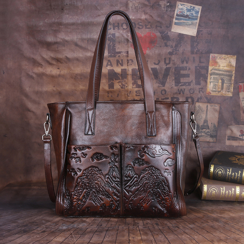 GAGACIA Vintage Women Shoulder Bags For Ladies Luxury Genuine Leather Handbag 2024 New Casual Handmade Embossed Woman Tote Bag