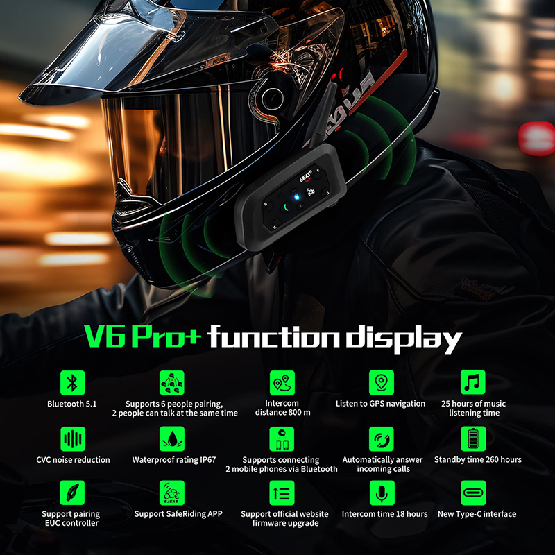 EJEAS 1/2Pcs Type C V6 Pro Moto Intercom Bluetooth Helmet Headset Motorcycle Interphone Walkie Talkie for 6 Riders