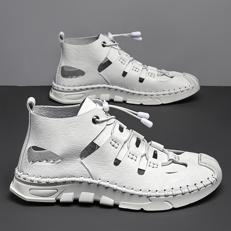 Summer White High-top Roman Sandals Men Gladiators Lace Up Buckle Leather Casual Shoes Breathable Beach Sandals Outdoor Slippers