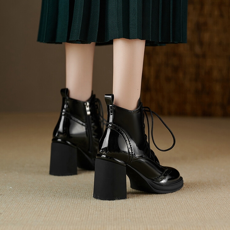 NEW Spring Round Toe Chunky Split Leather For Women High Heel Platform Boots Elegent Ladies Shoes 68