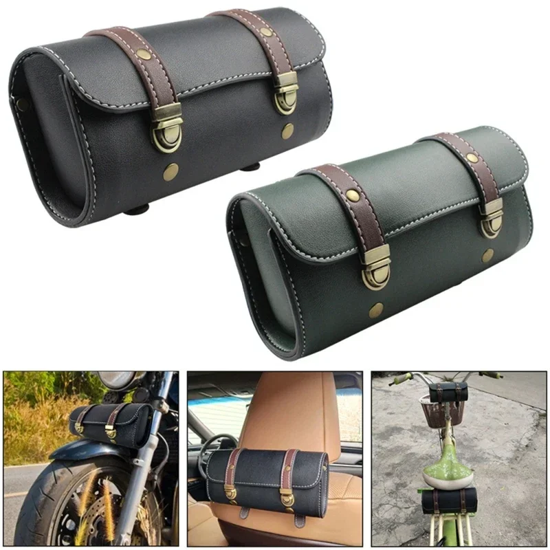PU Leather Bike Handlebar Tool Barrel Shape Waterproof Roll Bag Side Lage