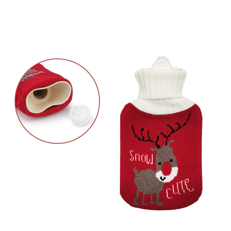 1set Heat Cold Therapy Christmas Warm Water Bottle Knitted Warm Cover Rubber Bag Hot Water Bottle Hand Warmer 1000ml Winter Warm