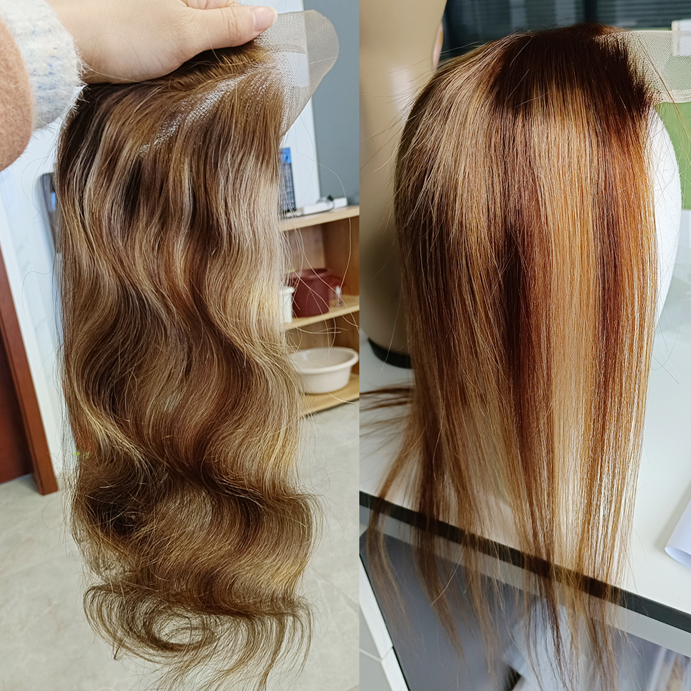 1PC Straight Highlight Human Hair Weave Bundles Brown Blonde Mix Color Lace Closure Frontal Transparent Free Part MOGUL HAIR