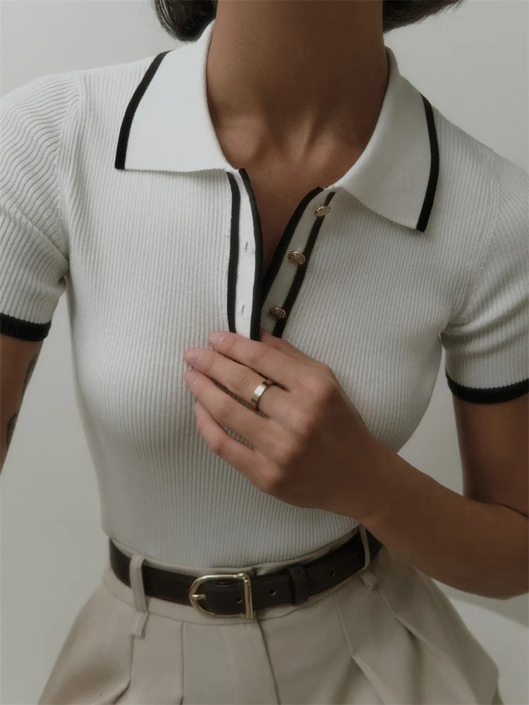Tossy Knit Sweater Pullover Women Short Sleeve Patchwork Slim Lapel Elegant Contrast Knitwear Top Female Skinny Ribbed 240617