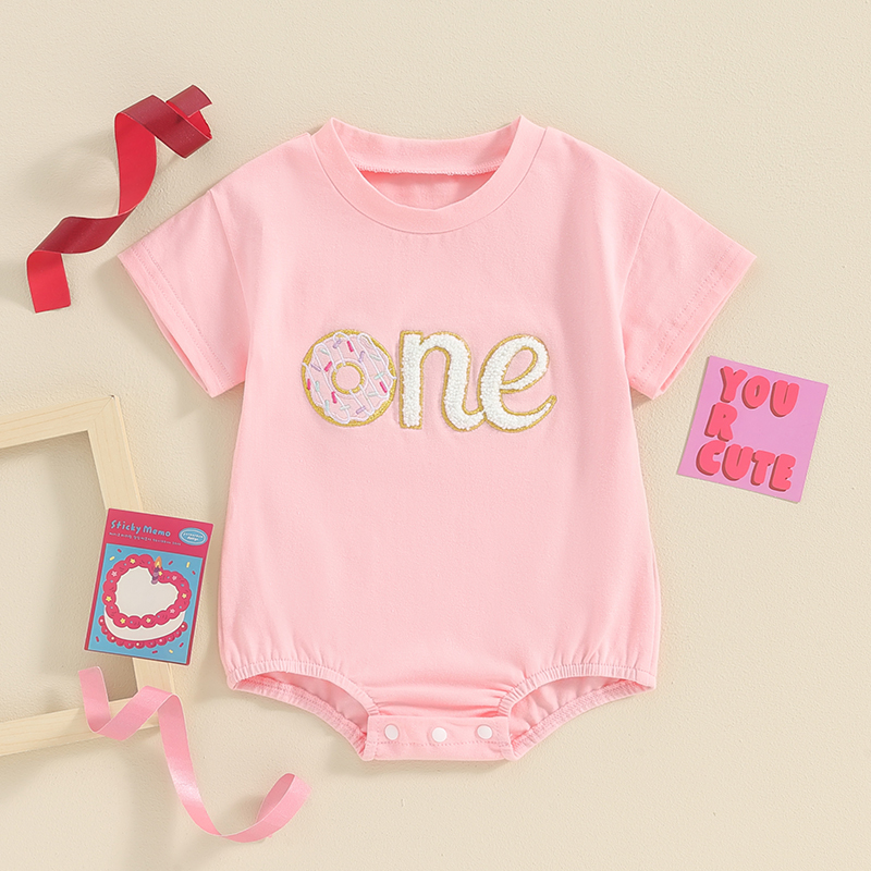 FOCUSNORM Newborn Baby Girls Boys Cute Romper 0-18M Summer Donut Letter Embroidery Short Sleeve Birthday Jumpsuits