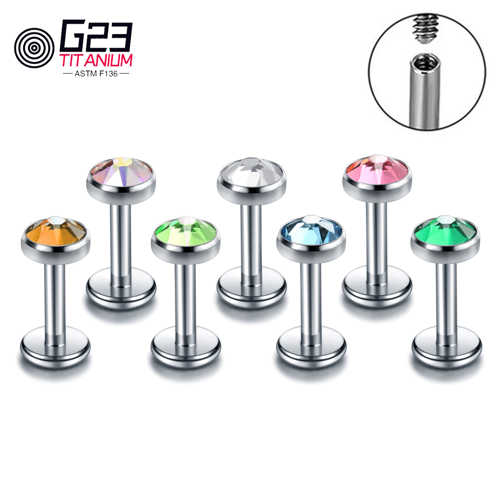 G23 Titanium Internally Thread Labret Piercing CZ Gem Orelha Cartilage Tragus Nose Earing Lip Stud Piercing Helix Body Jewelry