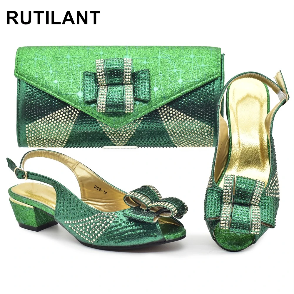 Women's Pumps Shoe and Bag Set Fashionable Rhinestone Low Heels Shoes with Matching Bag for Party or Wedding Ladies Shoes Heels