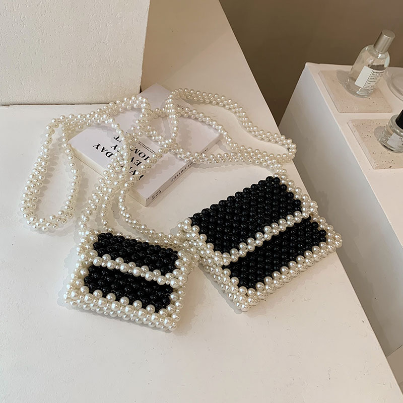 Woven Pearl Bags Summer 2023 New High Grade Black White HandBag Women's Crossbody Beaded Mini Lipstick Bag Sac A Main Femme