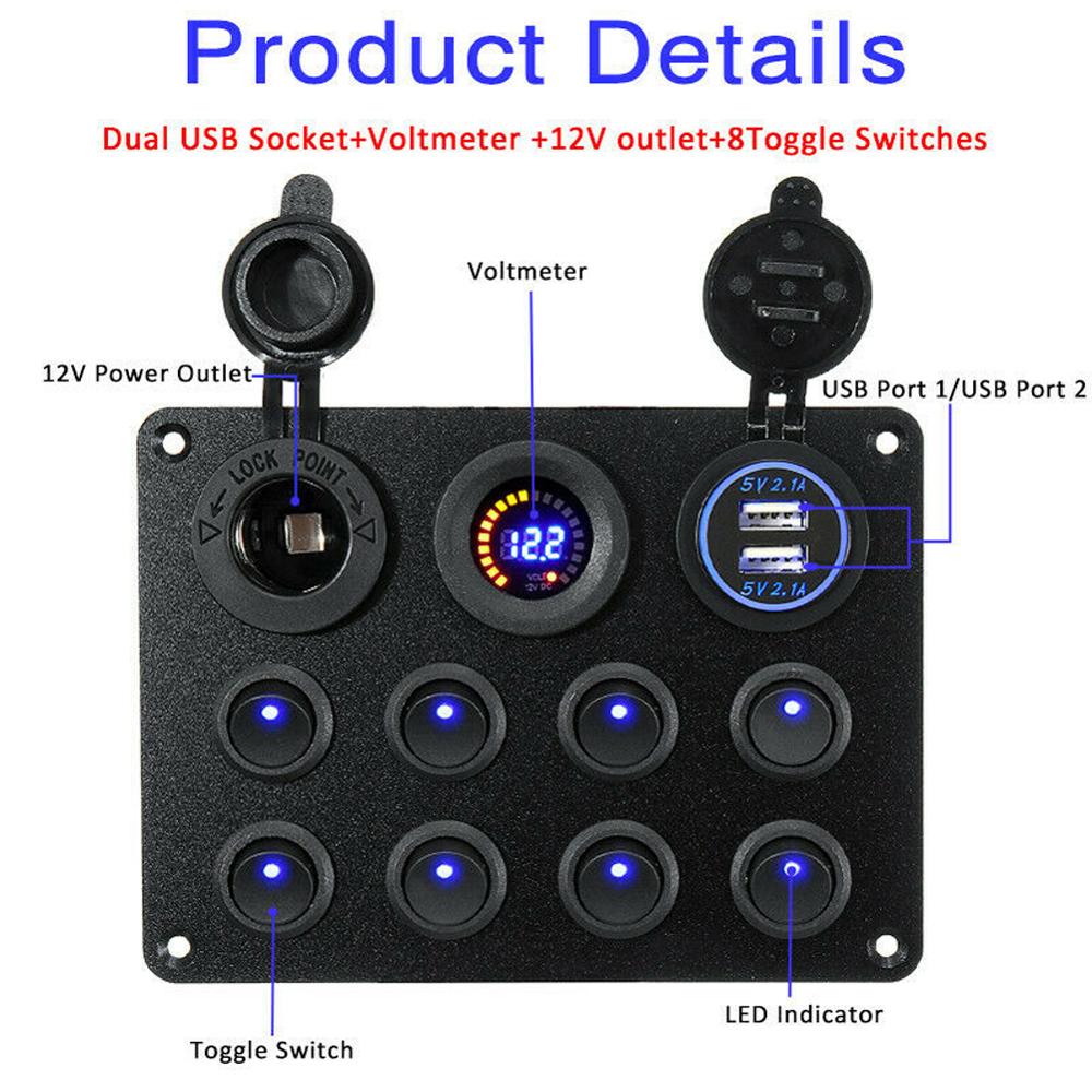 12V 8 Gang Waterproof Circuit Breaker Toggle Switch Panel For Car Boat RV Truck Marine ATV UTV Caravan