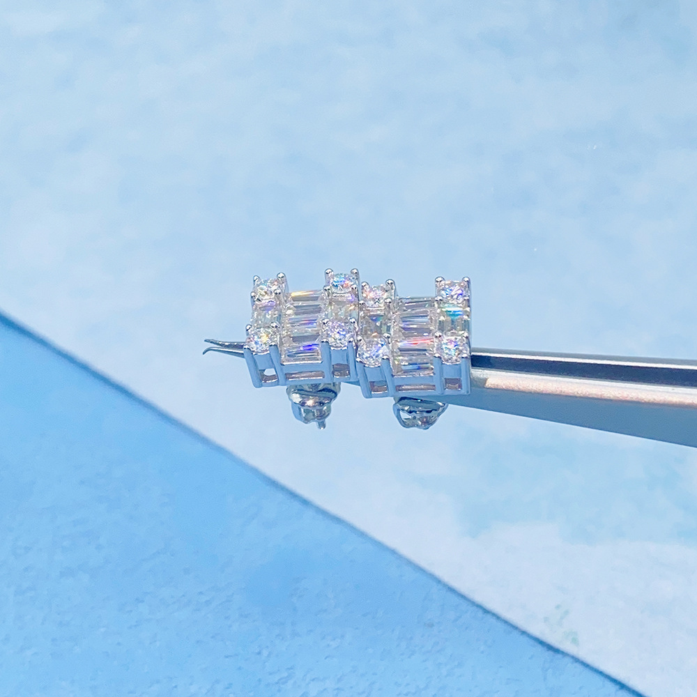 Full Moissanite Diamond Square Earrings Emerald Cut D Color VVS 925 Sterling Silver White Gold Hip-hop Round Earrings for 2023