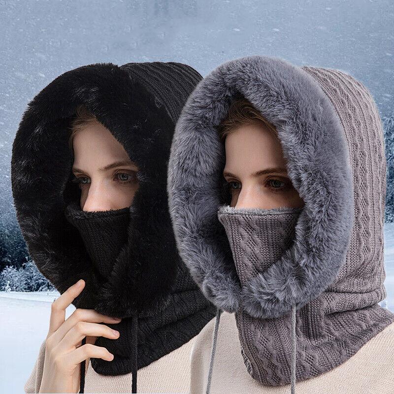 8 Colors Winter Fur Cap Mask Set Hooded for Women Knitted Cashmere Neck Warm Ski Windproof Hat Thick Plush Fluffy Beanies Hood