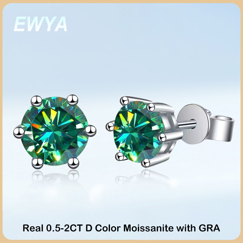 EWYA 100% Real 0.5 1 2ct Colored Moissanite Stud Earrings for Women 925 Sterling Silver Ear Studs Fine Jewelry Gifts Wholesale