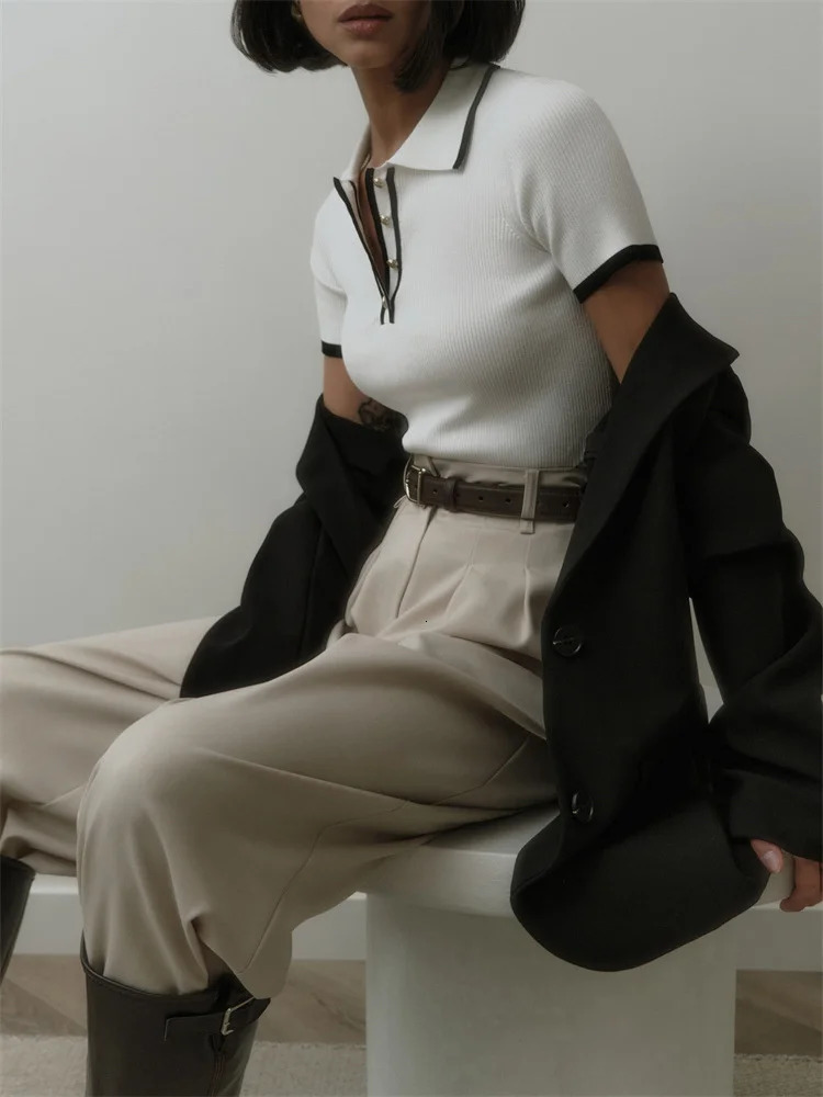 Tossy Knit Sweater Pullover Women Short Sleeve Patchwork Slim Lapel Elegant Contrast Knitwear Top Female Skinny Ribbed 240617