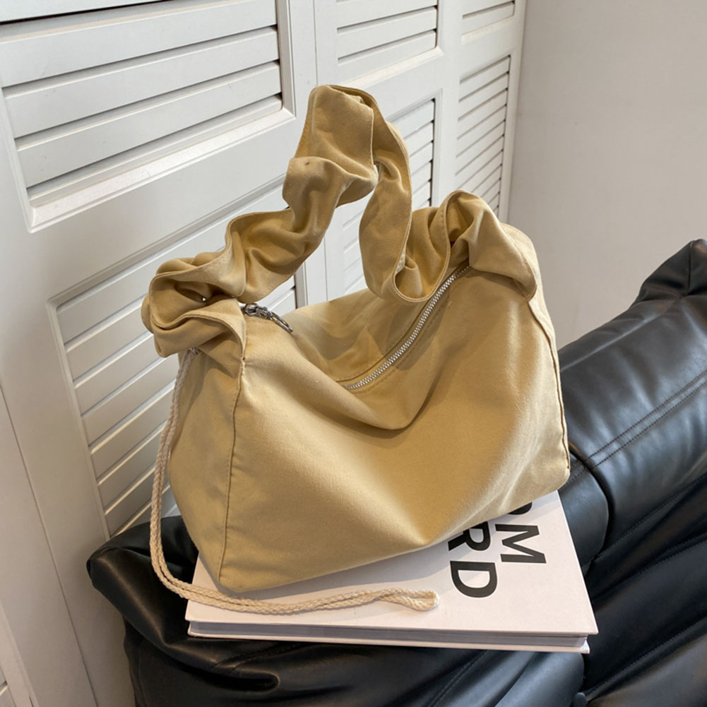 Korean Style Women's Pleated Shoulder Bags Simple Drawstring Canvas Tote Solid Color Portable Leisure Handbag Large Capacity Bag