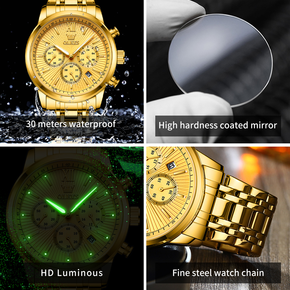 OLEVS Quartz Watch for Men TOP Brand Gold Wristwatch Three Small Dials Chronograph Date Men's Watches Original 2023 Trend New 68d97