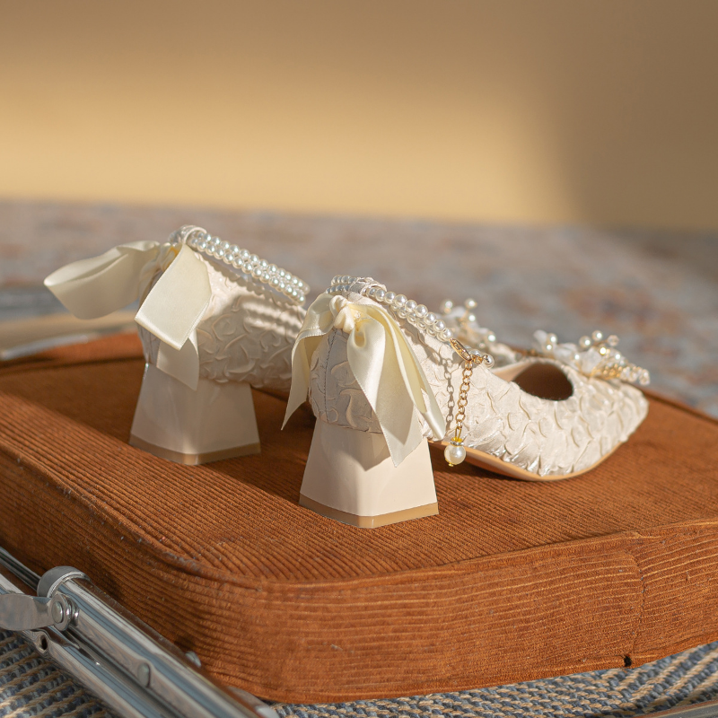 2025 new Pearl Women Chain Mary Janes Bow String Bead Chunky Sandals Autumn Design Mid Heels Shoes Pumps atos Mujer ca4a