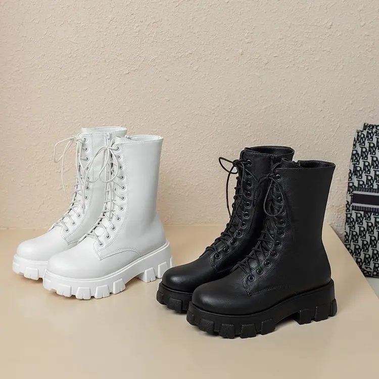 Platform Women's Ankle Autumn 2023 Black White Thick Bottom Motorcycle Botas Mujer Pu Leather Non-Slip Combat Boots Women