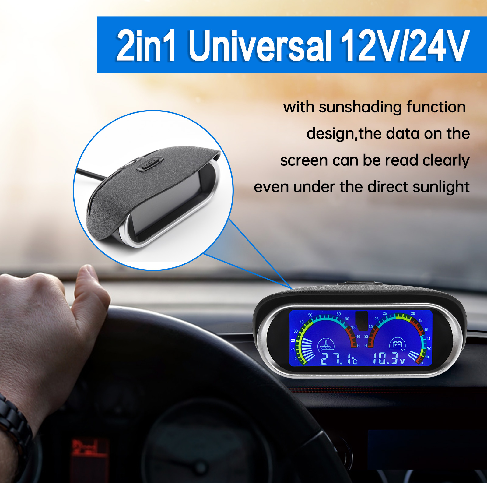 Universal Water Temperature Voltmeter Gauge Auto Truck Digital Car Gauge Temp Sensor 10mm 2 in 1 Horizontal Water Temp Gauge 12V