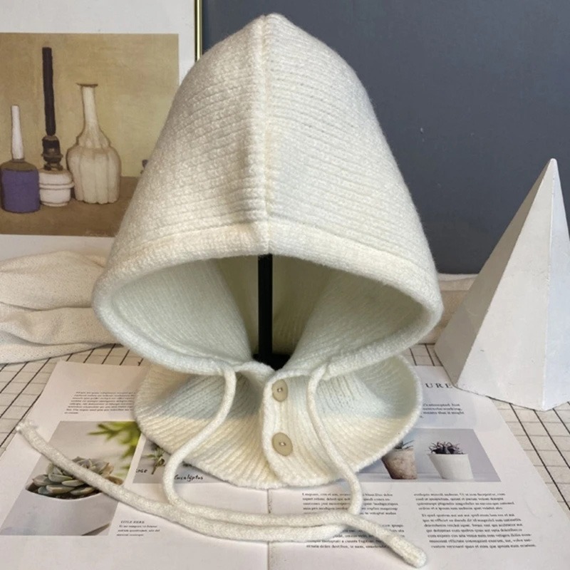 New Winter Balaclava Hats For Women Unisex Knitted Hooded Outdoor Warmer Drawstring Hat One-Piece Neck Collar Beanies Caps