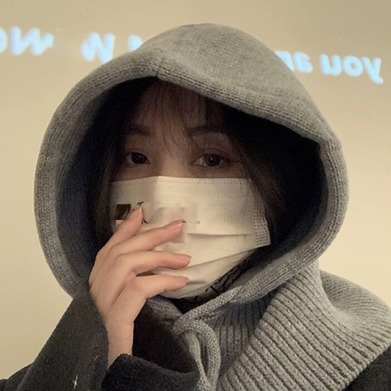 New Winter Balaclava Hats For Women Unisex Knitted Hooded Outdoor Warmer Drawstring Hat One-Piece Neck Collar Beanies Caps