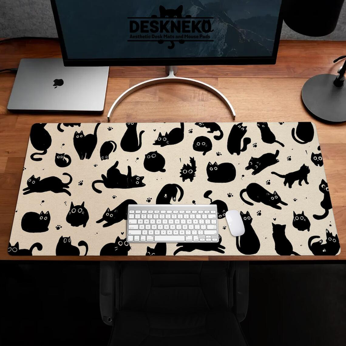 Cute Black Cat Desk Mat On Beige Mouse Pad Extra Large Table Protector Soft Deskmat Deskpad Anime Mousepad Kawaii XxL Mousepad